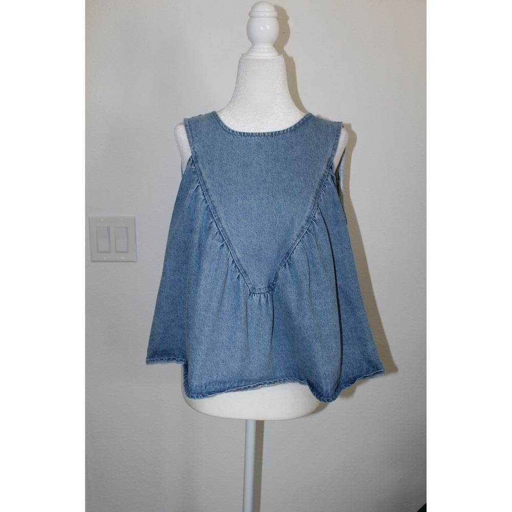 So Me Light Wash Denim Babydoll Sleeveless Top Blue M ST3045-01 Basic Casual